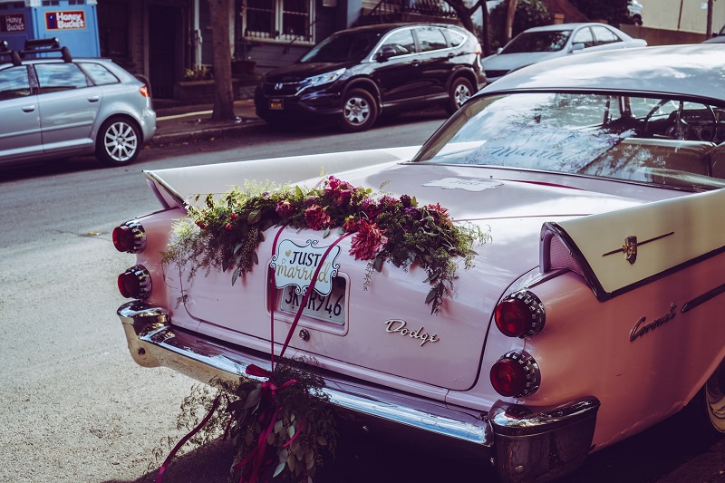 Pink Chevy bridal car